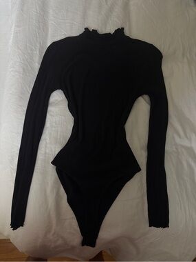 Black Long Sleeve Ruffle Mock Neck Bodysuit